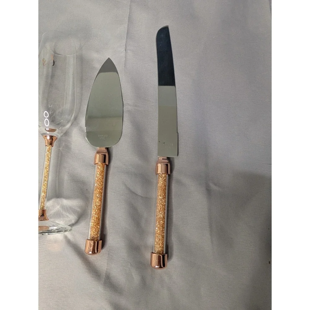 Mr Mrs Wedding Champagne Flutes Cake Knife Server Set Rose‎ Gold Glitter